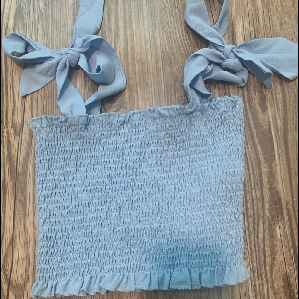 Blue ruched top with tie straps